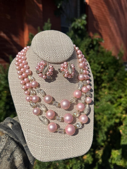 MCM Japanese 1950's Multistrand Pink and Crystal Bead Necklace with Matching Clip on Earrings Set