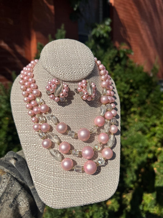 MCM Japanese 1950's Multistrand Pink and Crystal Bead Necklace with Matching Clip on Earrings Set