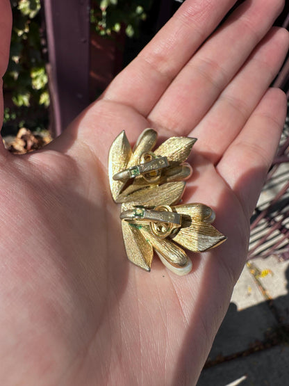 Vintage 1950s Trefari Gold Tone and Pearl Leaf Brooch and Clip on Earring Set