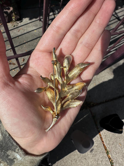 Vintage 1950s Trefari Gold Tone and Pearl Leaf Brooch and Clip on Earring Set