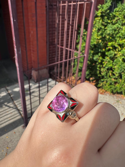 Vintage Rare Antique 1930s Art Deco Style Real 14k White Gold Band Pink Sapphire Enamel Square Ring Size 6