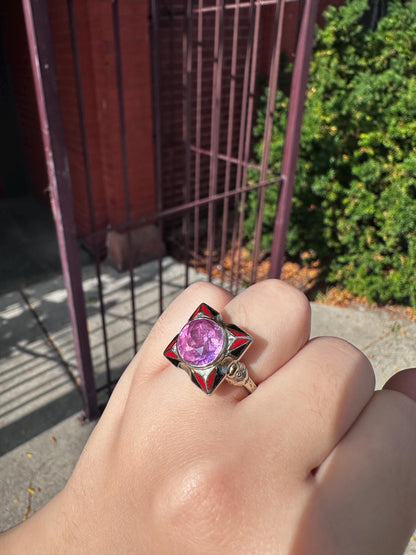 Vintage Rare Antique 1930s Art Deco Style Real 14k White Gold Band Pink Sapphire Enamel Square Ring Size 6