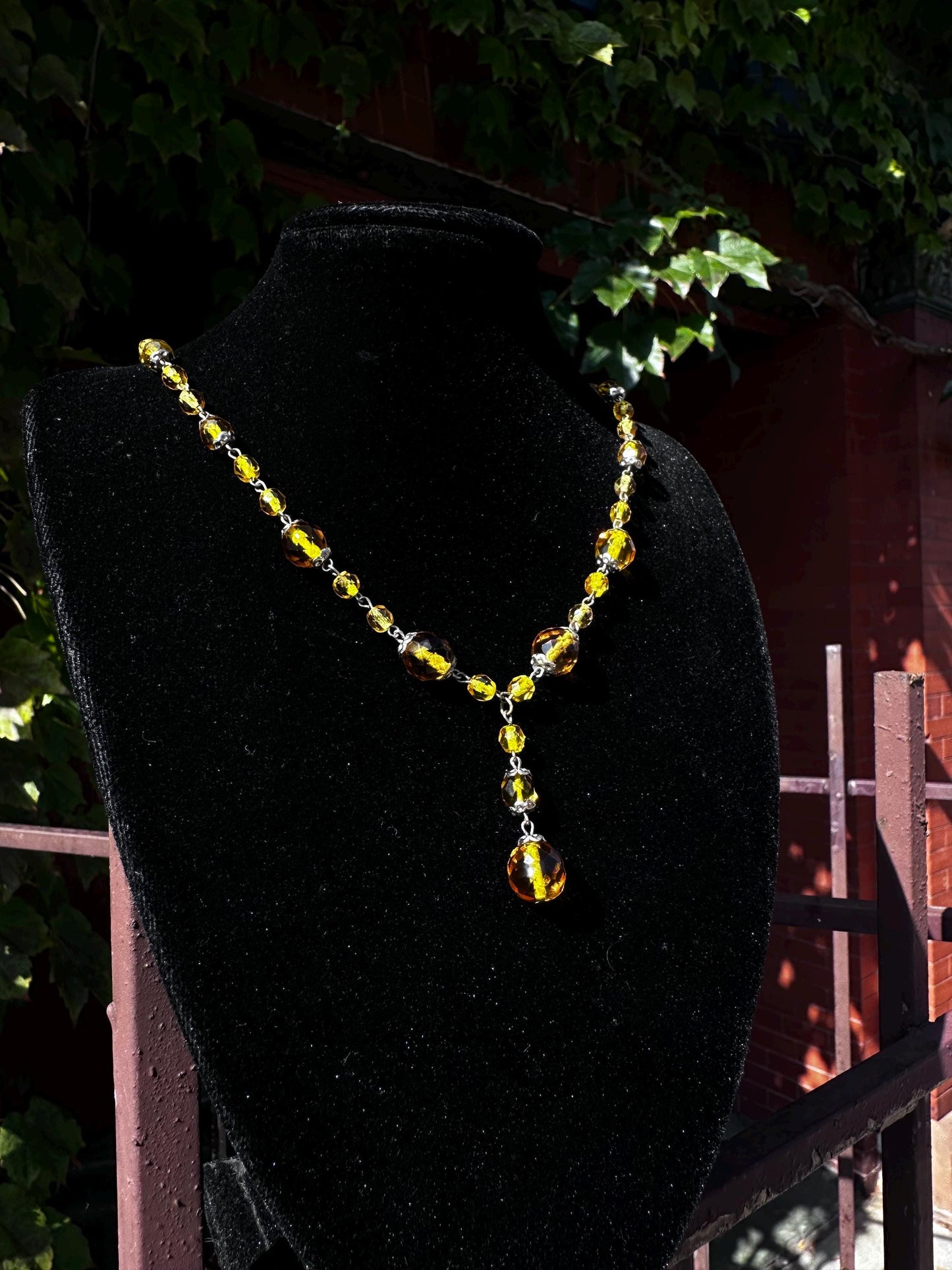 Vintage Antique and Rare Art Deco Sweetheart Silver Tone Beautiful Citrine Faceted Beaded Drop Necklace