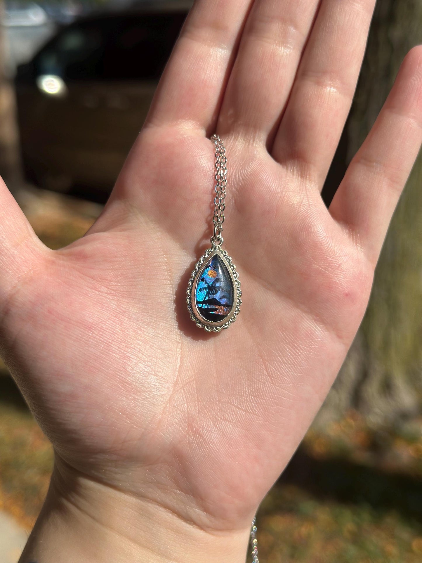 Real Butterfly Morpho Wing Handpainted Scene Tear Drop Sterling Silver unmarked Reversible necklace
