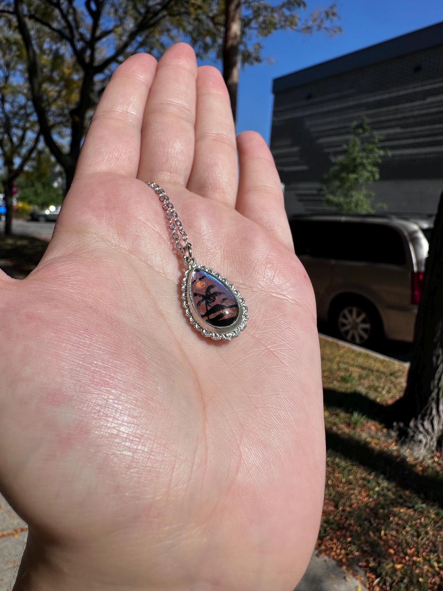 Real Butterfly Morpho Wing Handpainted Scene Tear Drop Sterling Silver unmarked Reversible necklace