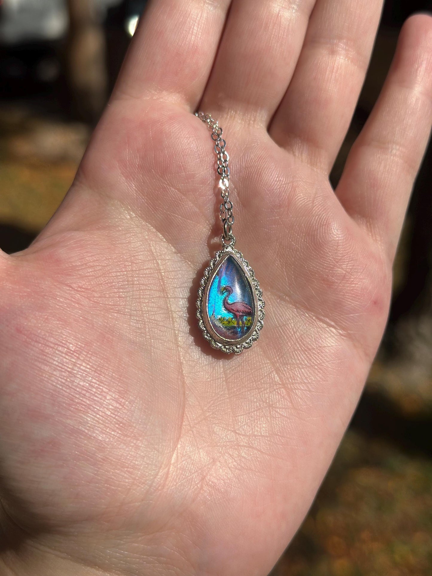 Real Butterfly Morpho Wing Handpainted Scene Tear Drop Sterling Silver unmarked Reversible necklace