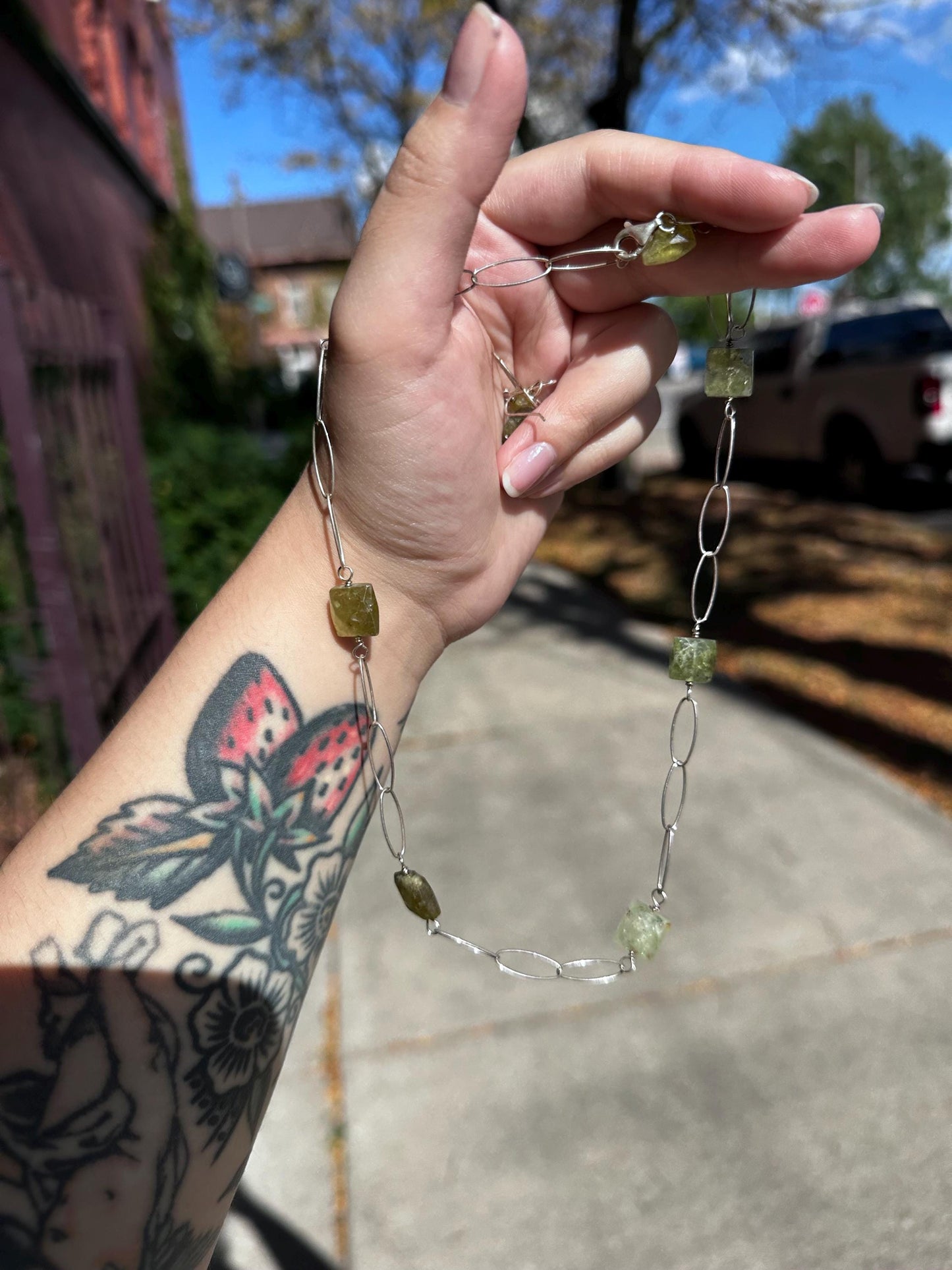 Untreated Natural Faceted Peridot Sterling Silver Paper Clip Chain Sterling Silver Necklace and Earring set