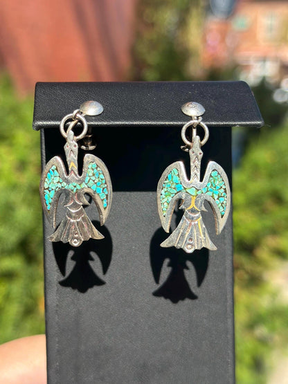 Vintage Sterling Silver JD Turquoise Navajo Chip Fire Bird Screw Back Earrings