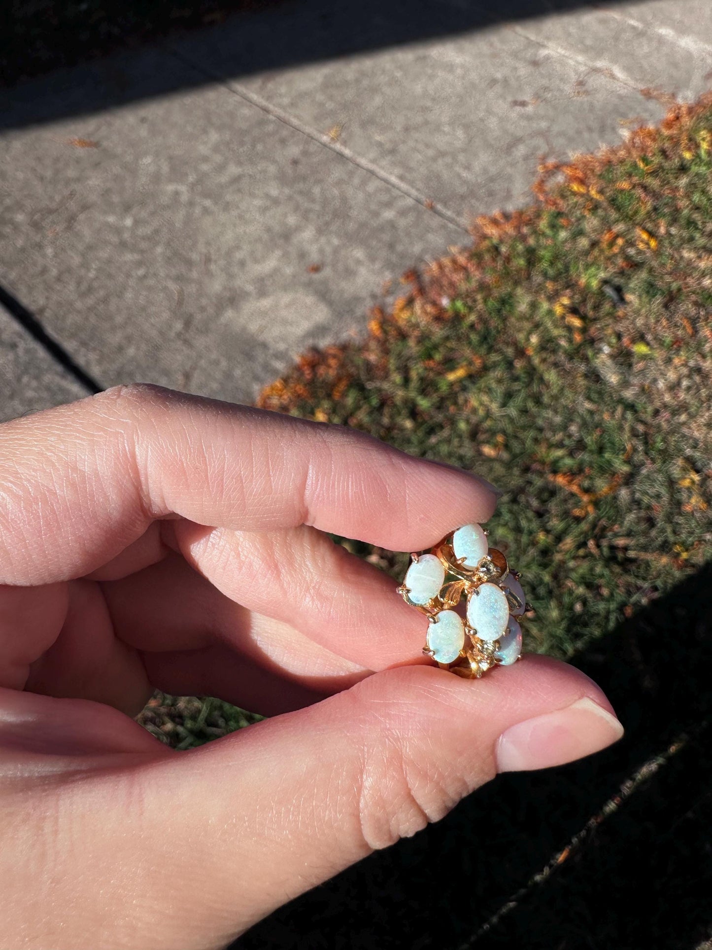 KAOS 1960s Vintage Statement Opal Cocktail Asymetrical Ring Gold Plated with Sizer about size  7