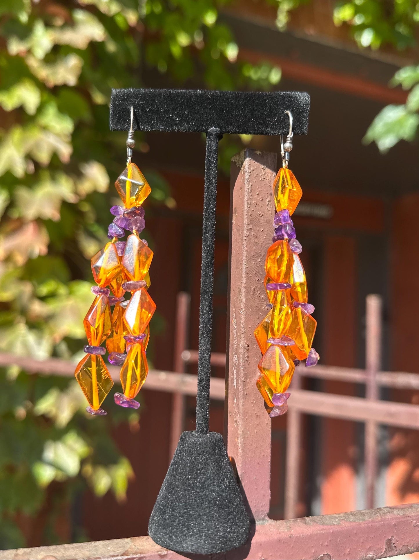 Beautiful Artsy Vintage Faceted Amber With Amethyst Bead Dangle Earrings.
