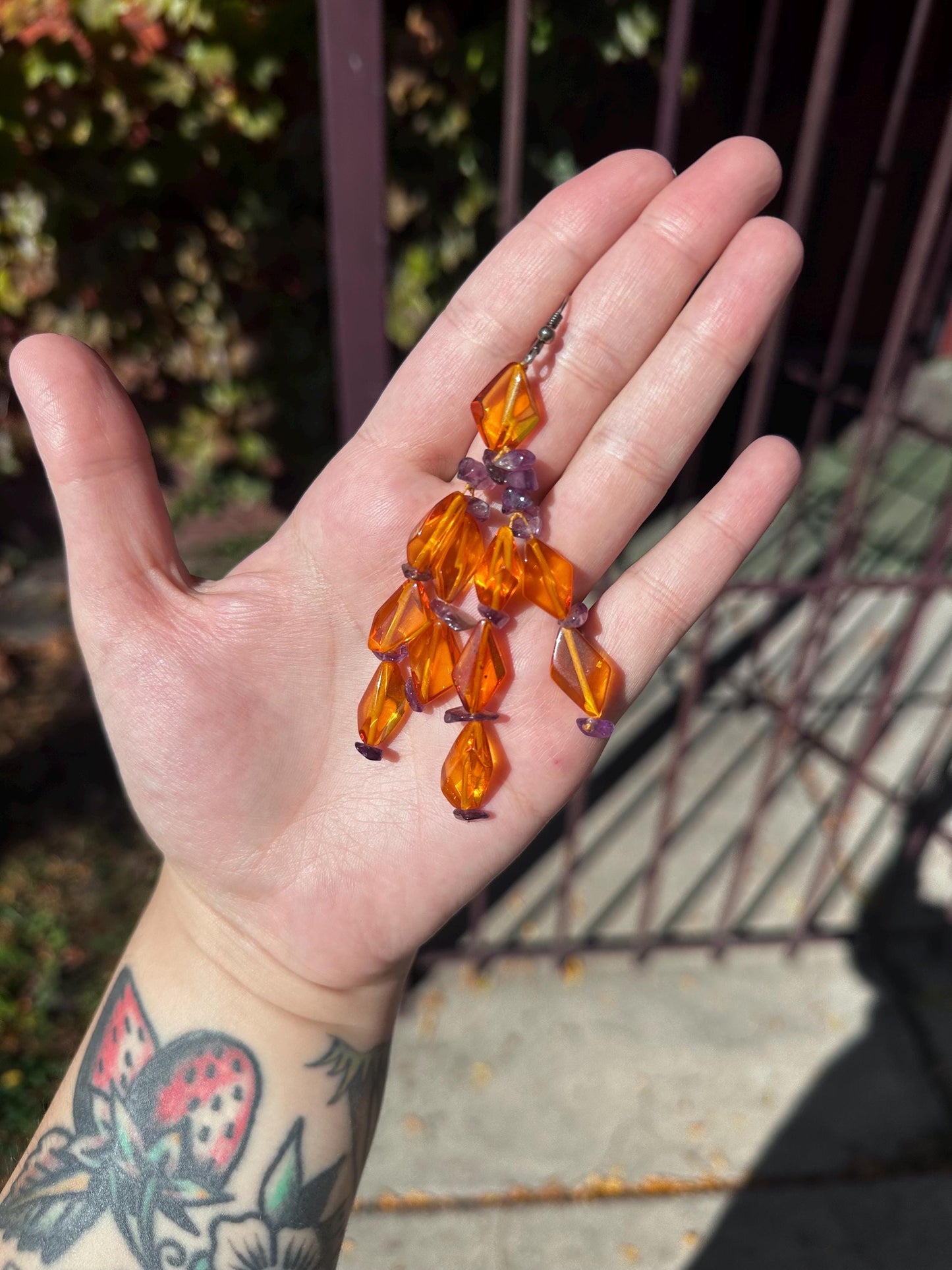 Beautiful Artsy Vintage Faceted Amber With Amethyst Bead Dangle Earrings.