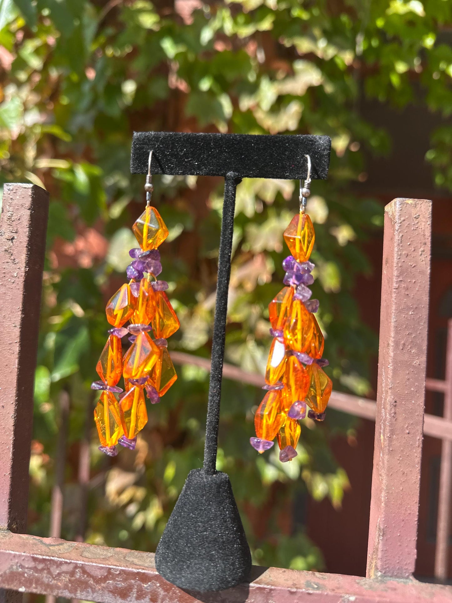 Beautiful Artsy Vintage Faceted Amber With Amethyst Bead Dangle Earrings.