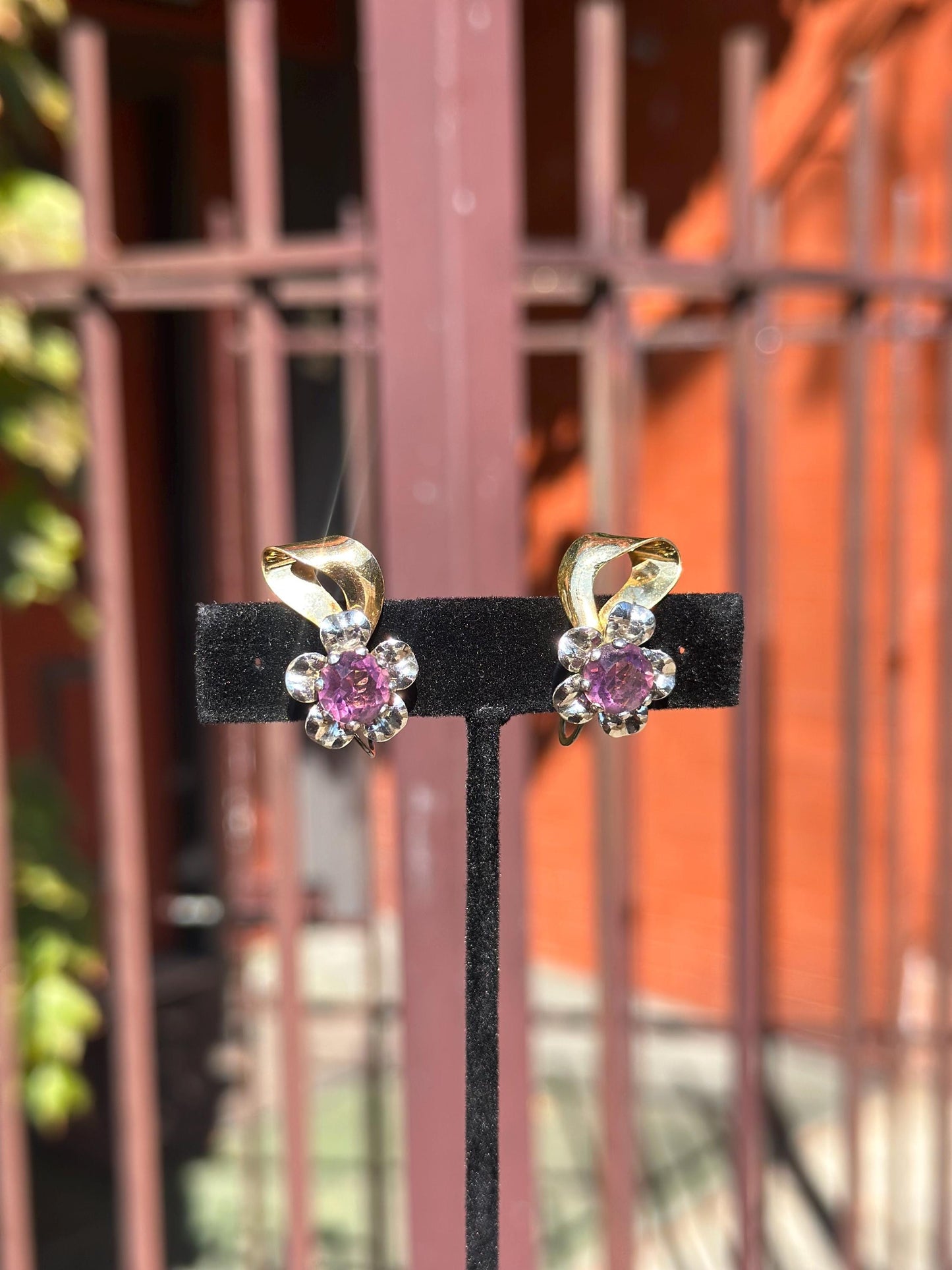 MCM Vintage Atomic 1940's-1950's Henry and Co Gold Filled Purple Buttercup Screw Back Clip On Earrings