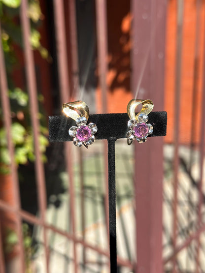 MCM Vintage Atomic 1940's-1950's Henry and Co Gold Filled Purple Buttercup Screw Back Clip On Earrings