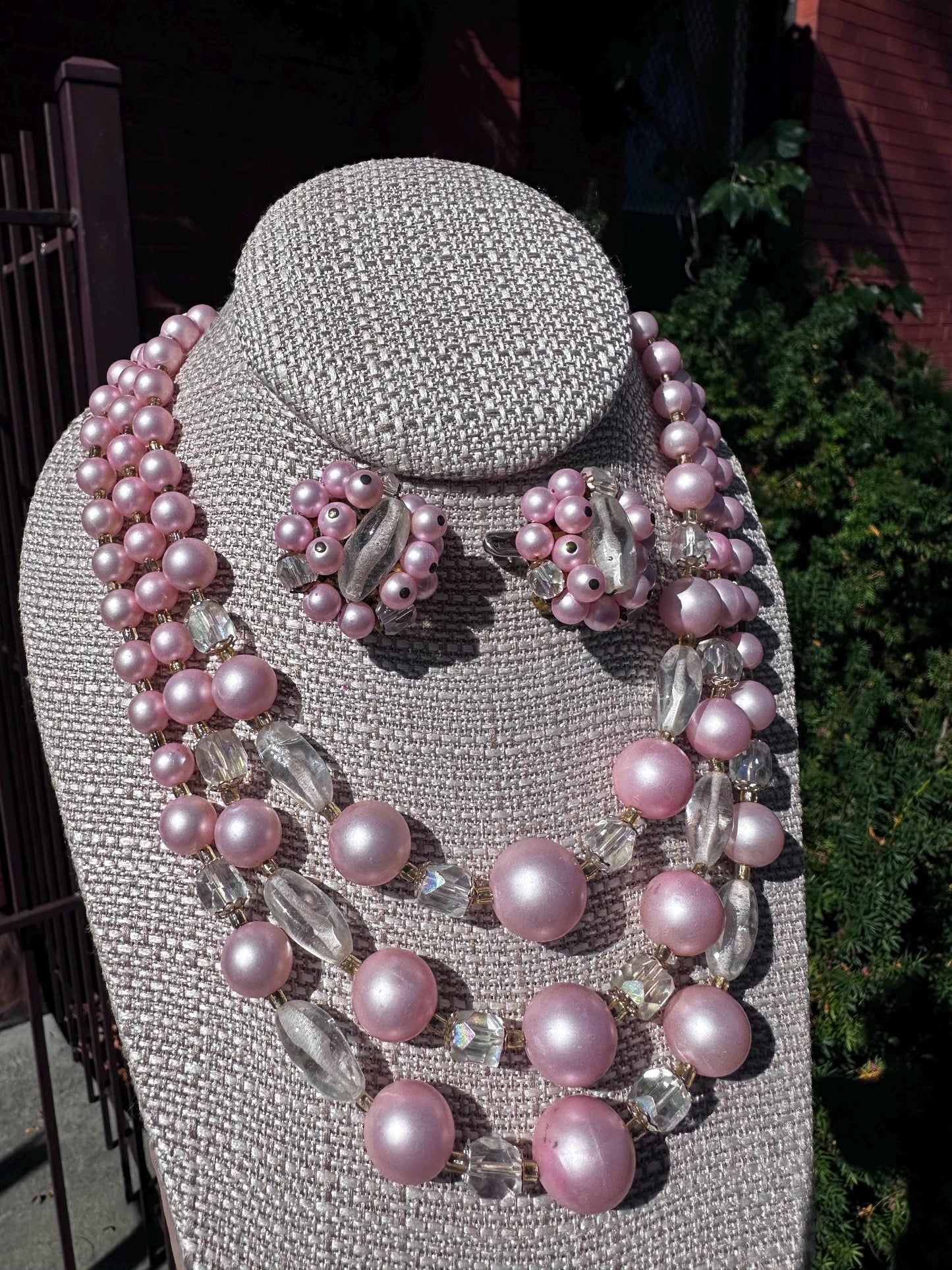 MCM Japanese 1950's Multistrand Pink and Crystal Bead Necklace with Matching Clip on Earrings Set