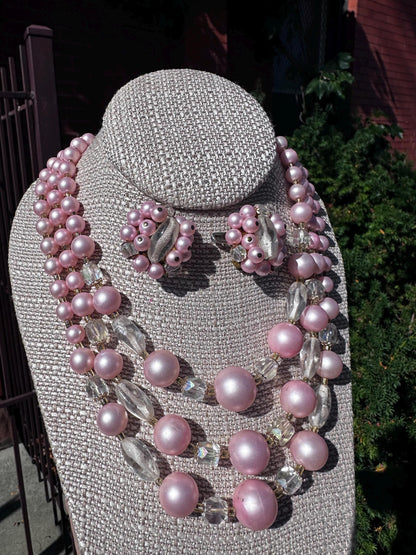 MCM Japanese 1950's Multistrand Pink and Crystal Bead Necklace with Matching Clip on Earrings Set