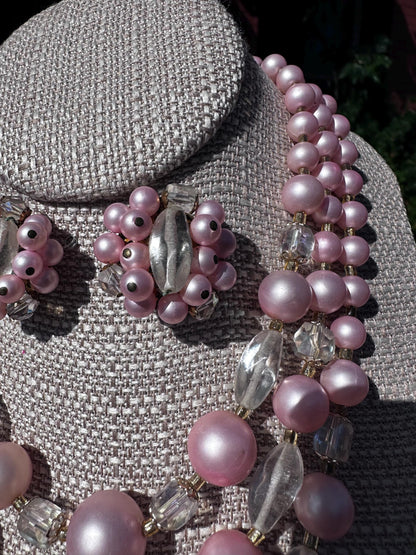 MCM Japanese 1950's Multistrand Pink and Crystal Bead Necklace with Matching Clip on Earrings Set