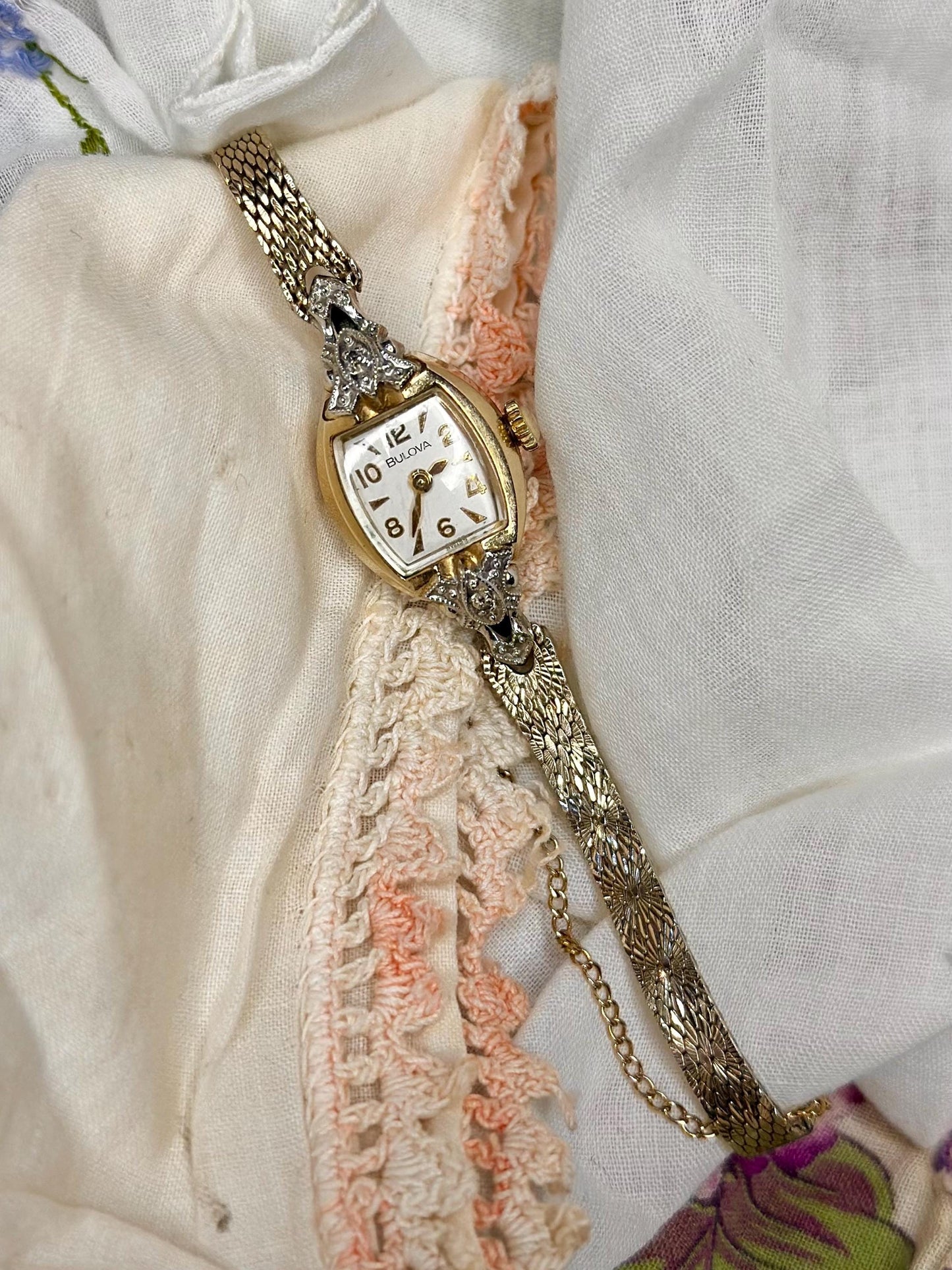 Beautiful 1950's Style Ladies Bulova Manual Watch 10K GFP with 2 Diamond Chips