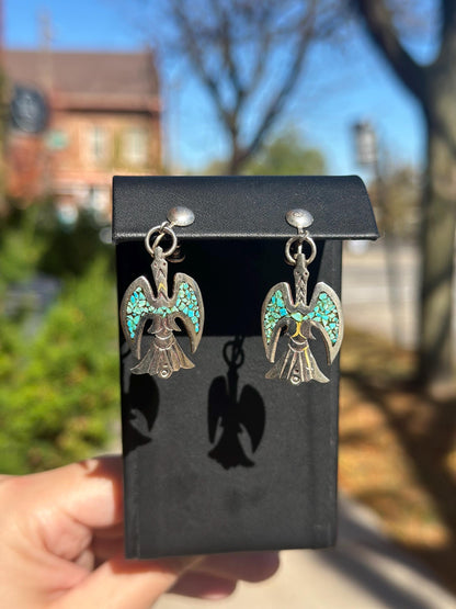 Vintage Sterling Silver JD Turquoise Navajo Chip Fire Bird Screw Back Earrings