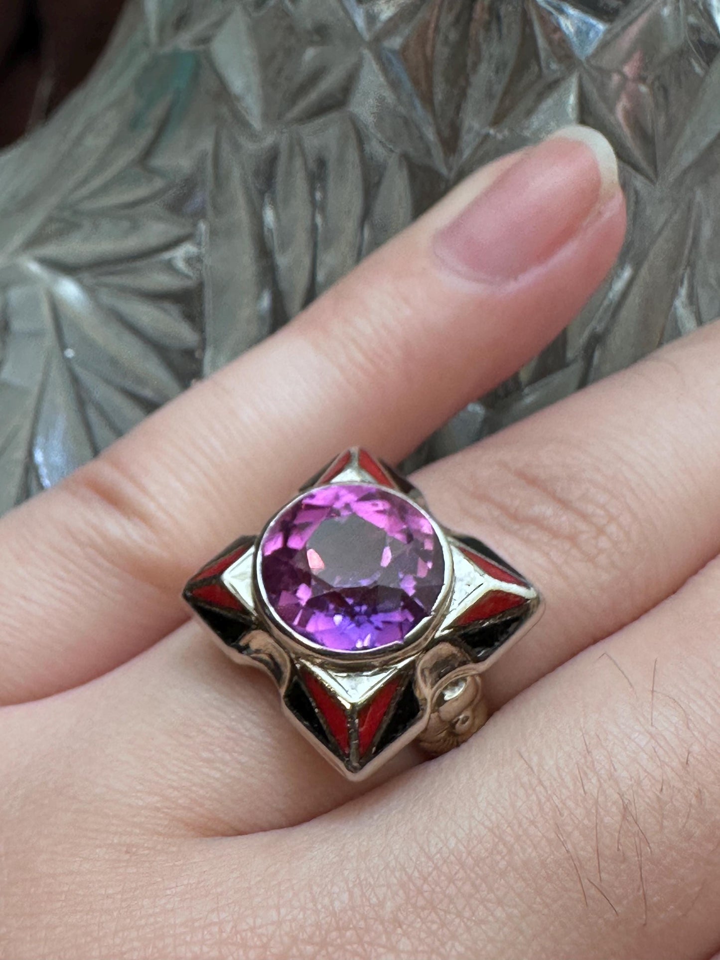 Vintage Rare Antique 1930s Art Deco Style Real 14k White Gold Band Pink Sapphire Enamel Square Ring Size 6