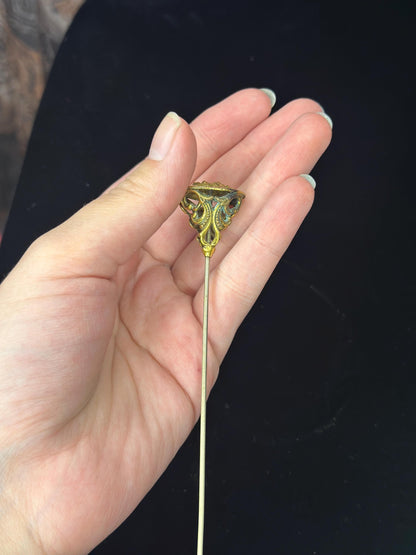 Antique Art Noveau Ultra Rare and Unique Gold Tone Brass Extra Long Devil Satan Hat Pin Stick