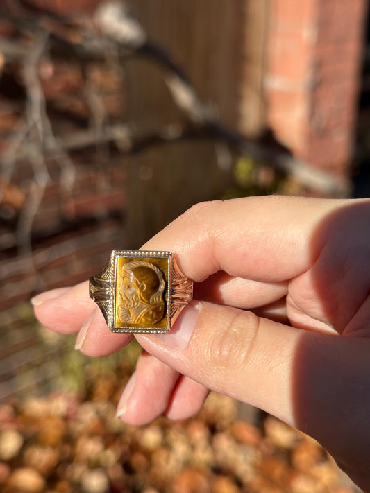 Antique 1920's or earlier Sterling Silver and Gold Plated Intaglio Tigers Eye Roman Soldier Ring Size 12-12.5