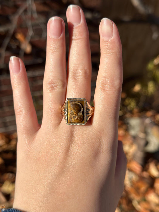 Antique 1920's or earlier Sterling Silver and Gold Plated Intaglio Tigers Eye Roman Soldier Ring Size 12-12.5