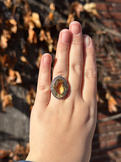 RARE Antique Art Deco 1920s Flapper Cocktail Ring Huge Cut of Citrine Sterling Silver Ring One of A Kind Rare size 6