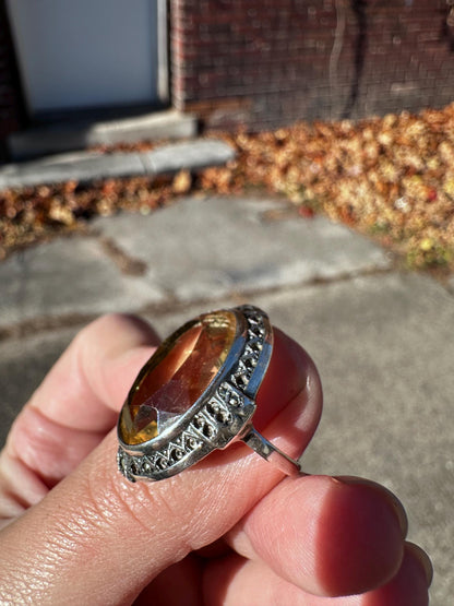 RARE Antique Art Deco 1920s Flapper Cocktail Ring Huge Cut of Citrine Sterling Silver Ring One of A Kind Rare size 6