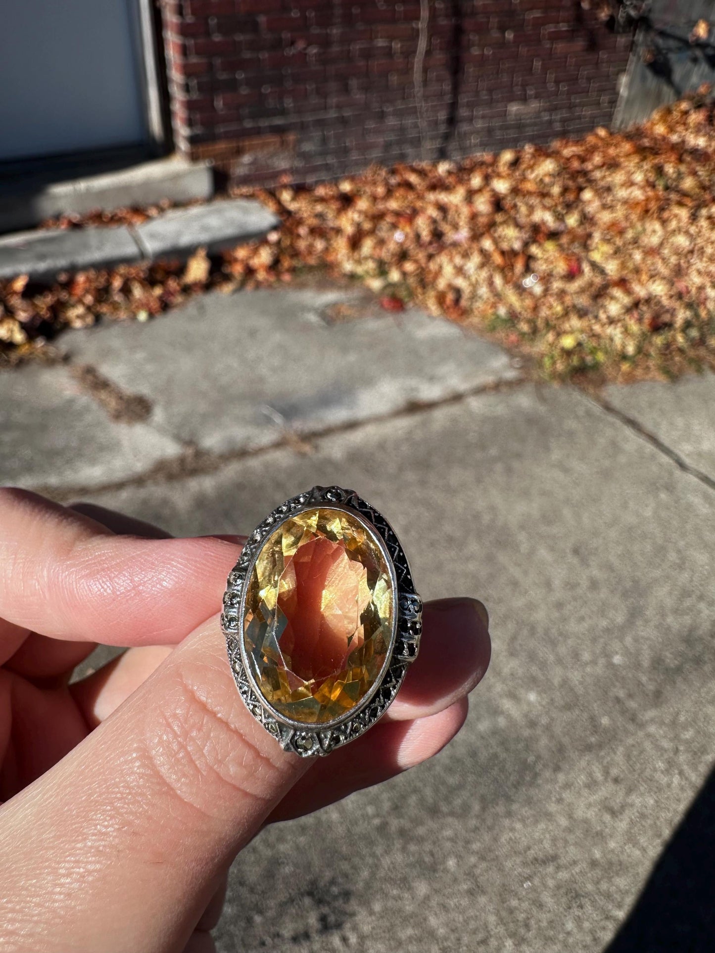 RARE Antique Art Deco 1920s Flapper Cocktail Ring Huge Cut of Citrine Sterling Silver Ring One of A Kind Rare size 6