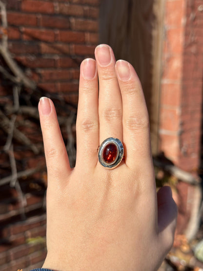 Vintage 1990s Whimsigoth Beautiful HUGE piece of Amber Dominique Dinoart DDD Sterling Silver Ring Size 9