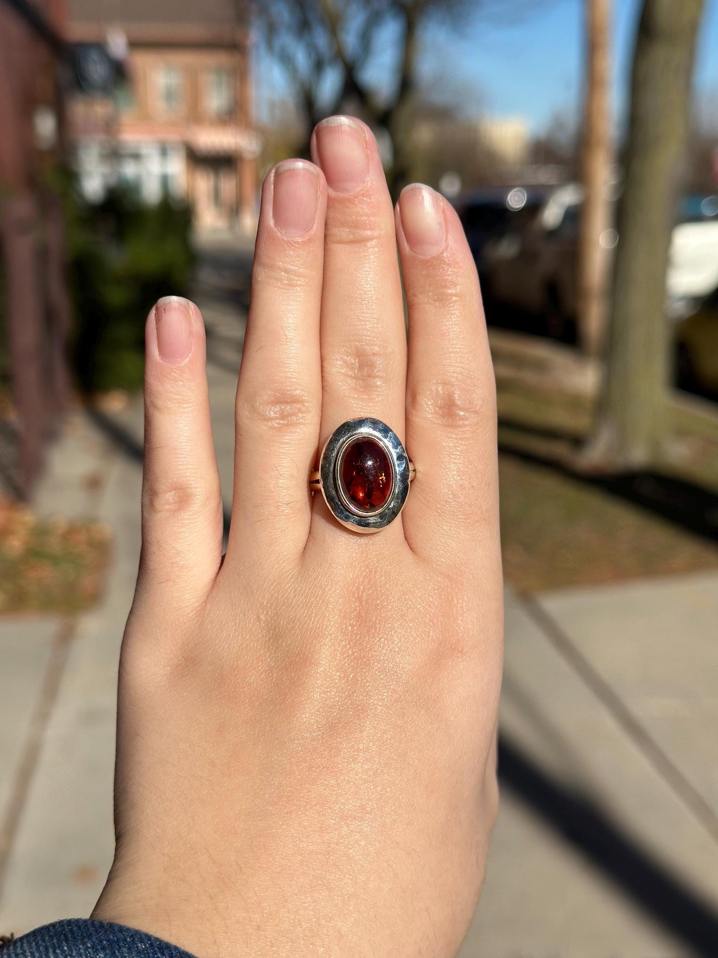 Vintage 1990s Whimsigoth Beautiful HUGE piece of Amber Dominique Dinoart DDD Sterling Silver Ring Size 9