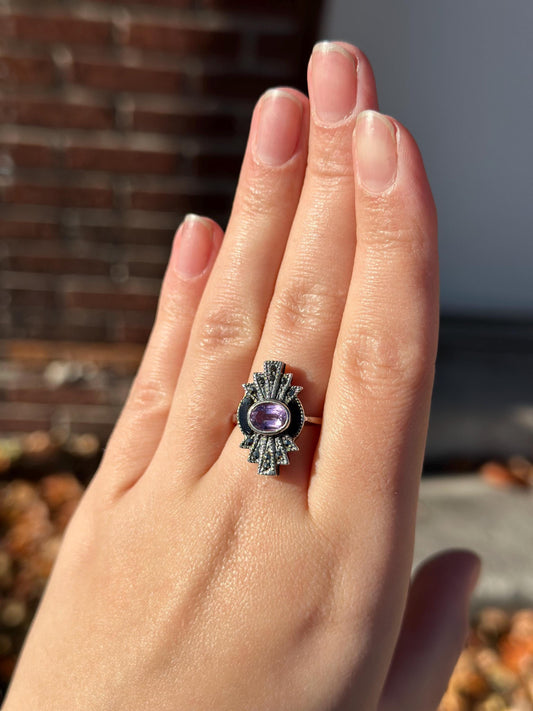 Vintage Art Deco Revival 20s Inspired Amethyst Marcasite and Black Onyx Sterling Silver Size 8 Sale