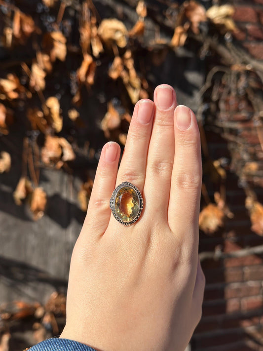RARE Antique Art Deco 1920s Flapper Cocktail Ring Huge Cut of Citrine Sterling Silver Ring One of A Kind Rare size 6