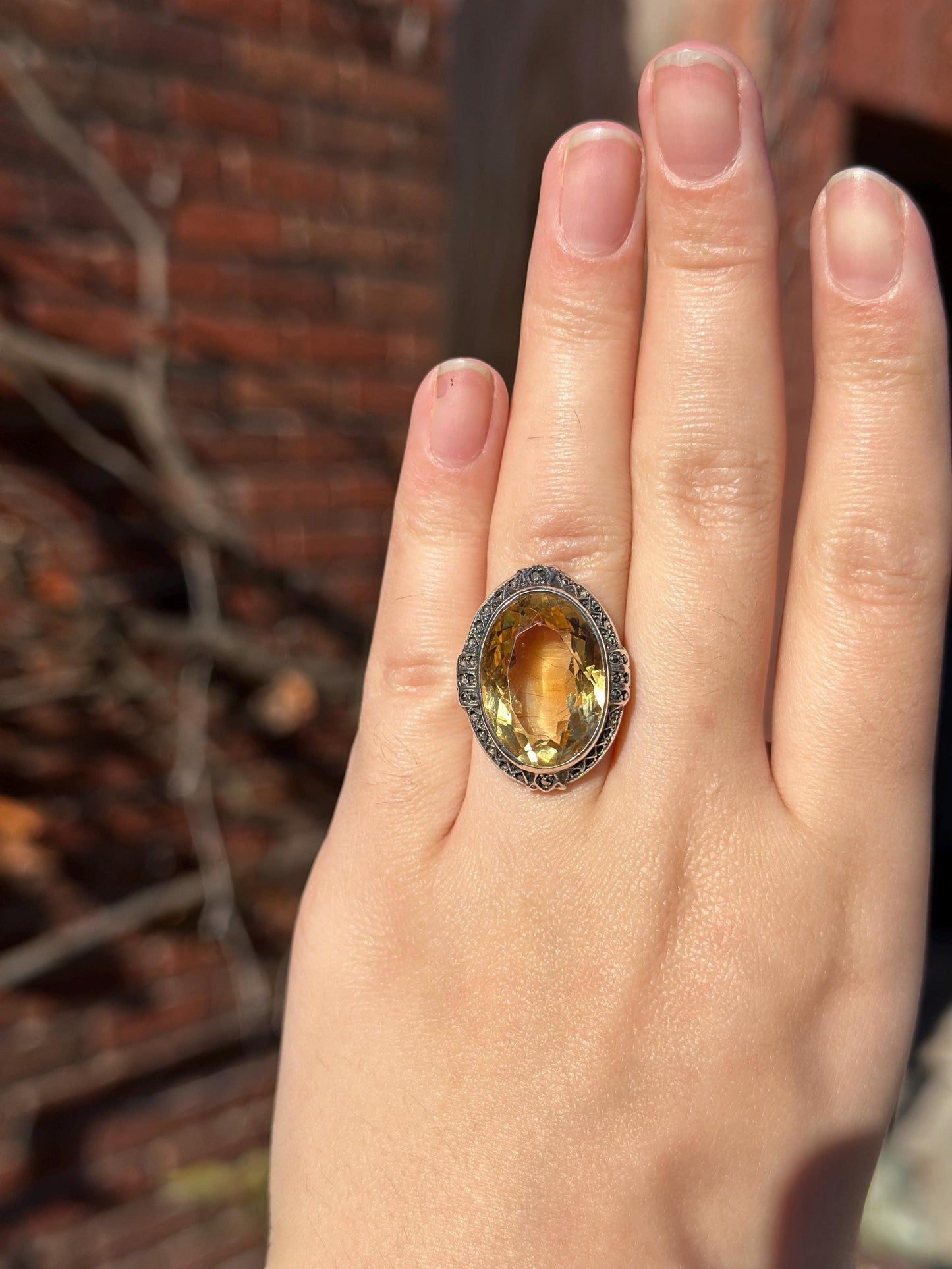 RARE Antique Art Deco 1920s Flapper Cocktail Ring Huge Cut of Citrine Sterling Silver Ring One of A Kind Rare size 6