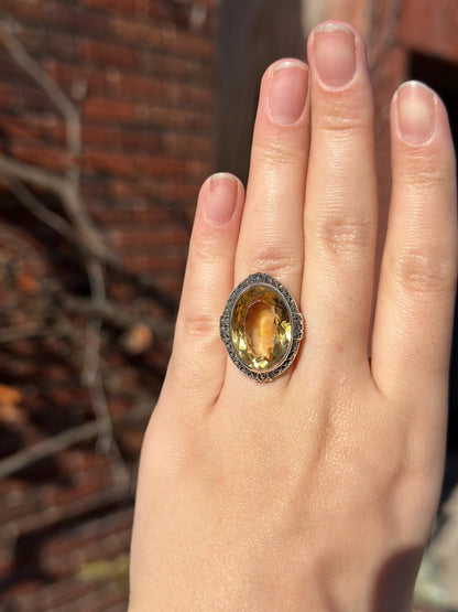 RARE Antique Art Deco 1920s Flapper Cocktail Ring Huge Cut of Citrine Sterling Silver Ring One of A Kind Rare size 6