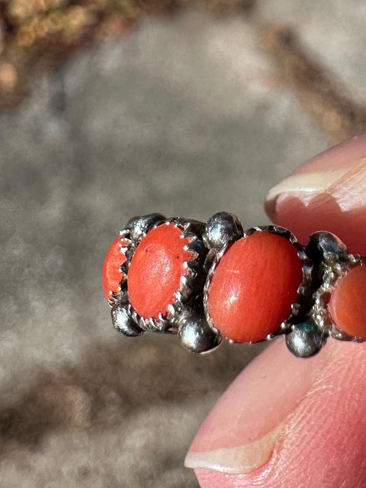 Vintage Antique Handmade Real 5 Stone Georgian Revival Coral Half Band Ring Size 5.5
