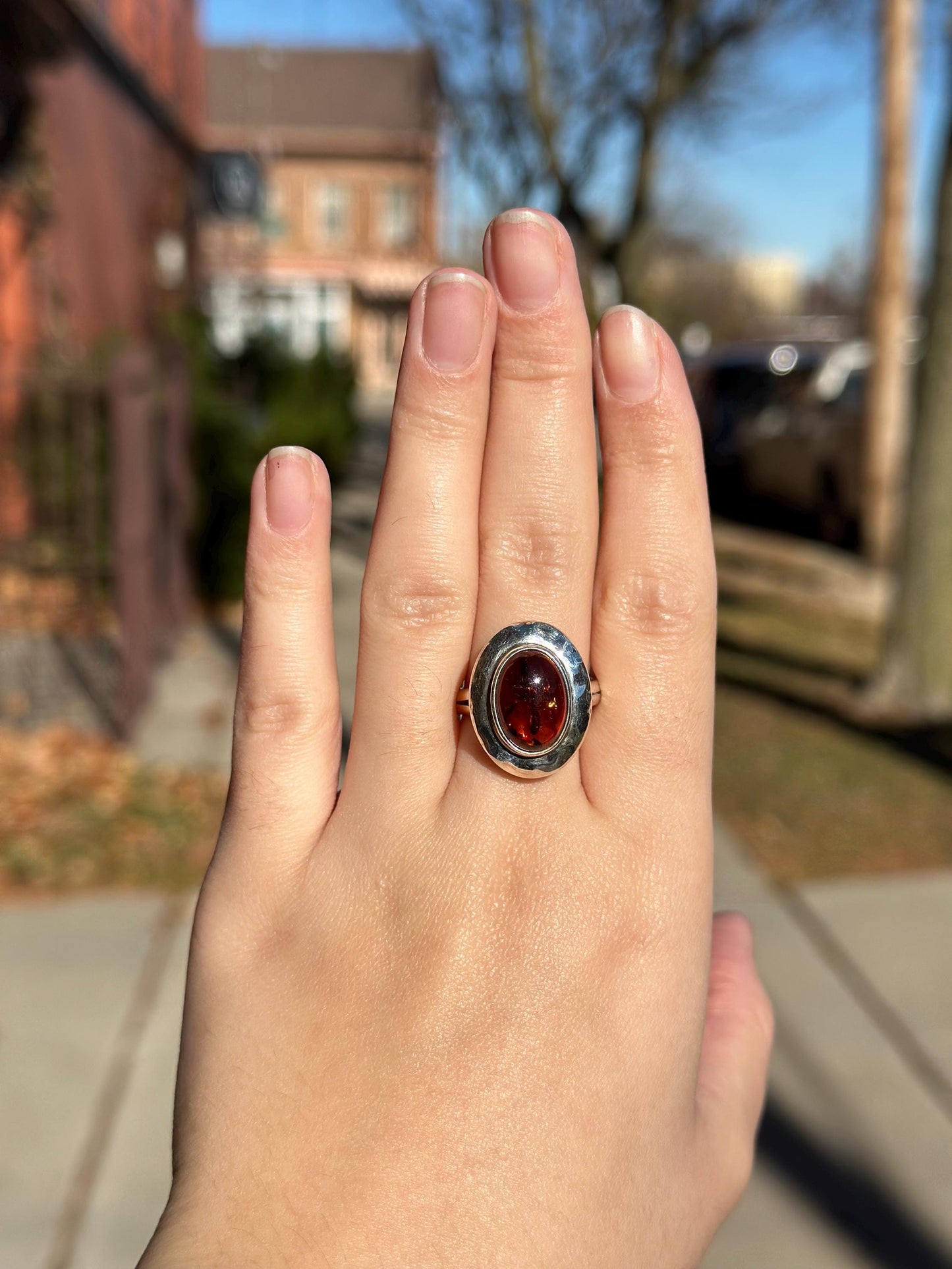 Vintage 1990s Whimsigoth Beautiful HUGE piece of Amber Dominique Dinoart DDD Sterling Silver Ring Size 9