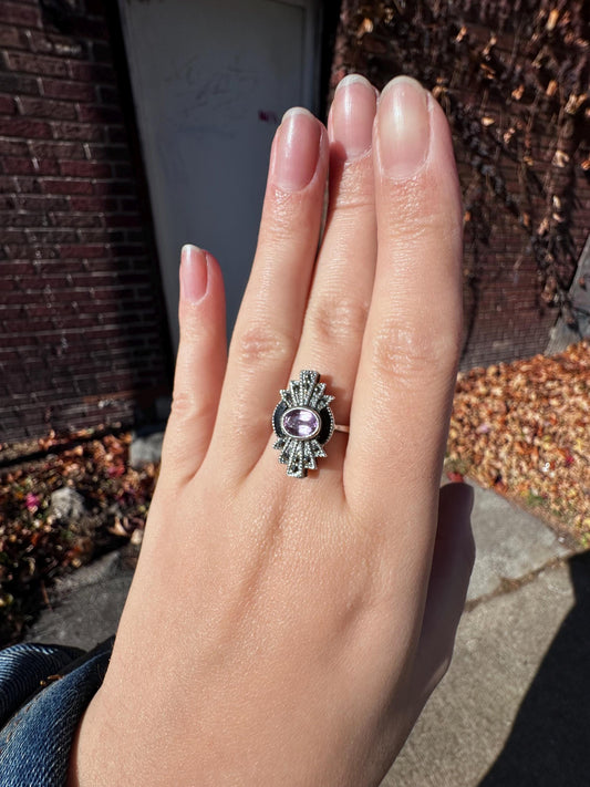 Vintage Art Deco Revival 20s Inspired Amethyst Marcasite and Black Onyx Sterling Silver Size 8 Sale