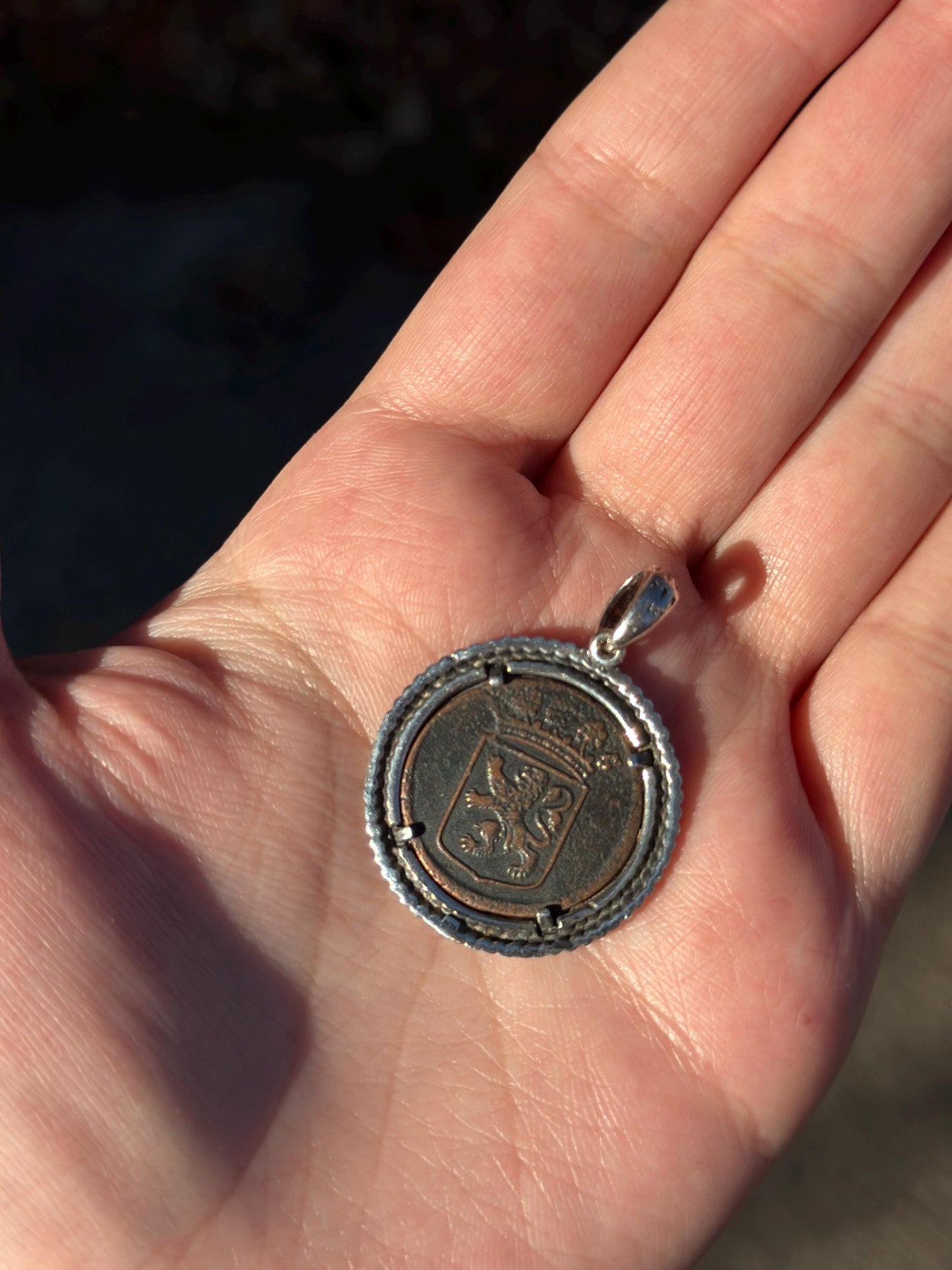 Antique Historical 1734 N indies VOC 1 Duit Coin Pendant Marked OCM 925 & 14KT