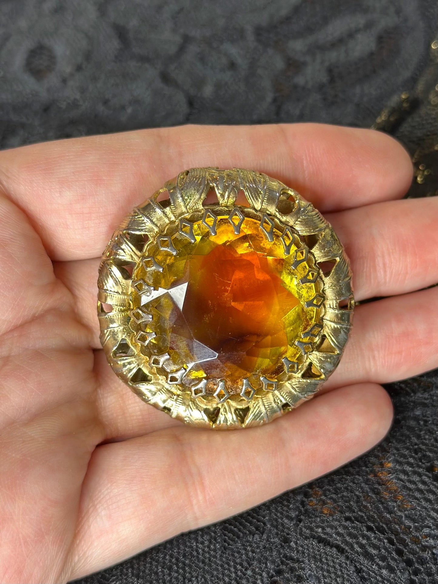 1950's Hollywood Regency Vintage Iridescent Gold Faceted Hollywood Regency Huge Brooch