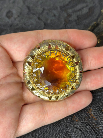 1950's Hollywood Regency Vintage Iridescent Gold Faceted Hollywood Regency Huge Brooch