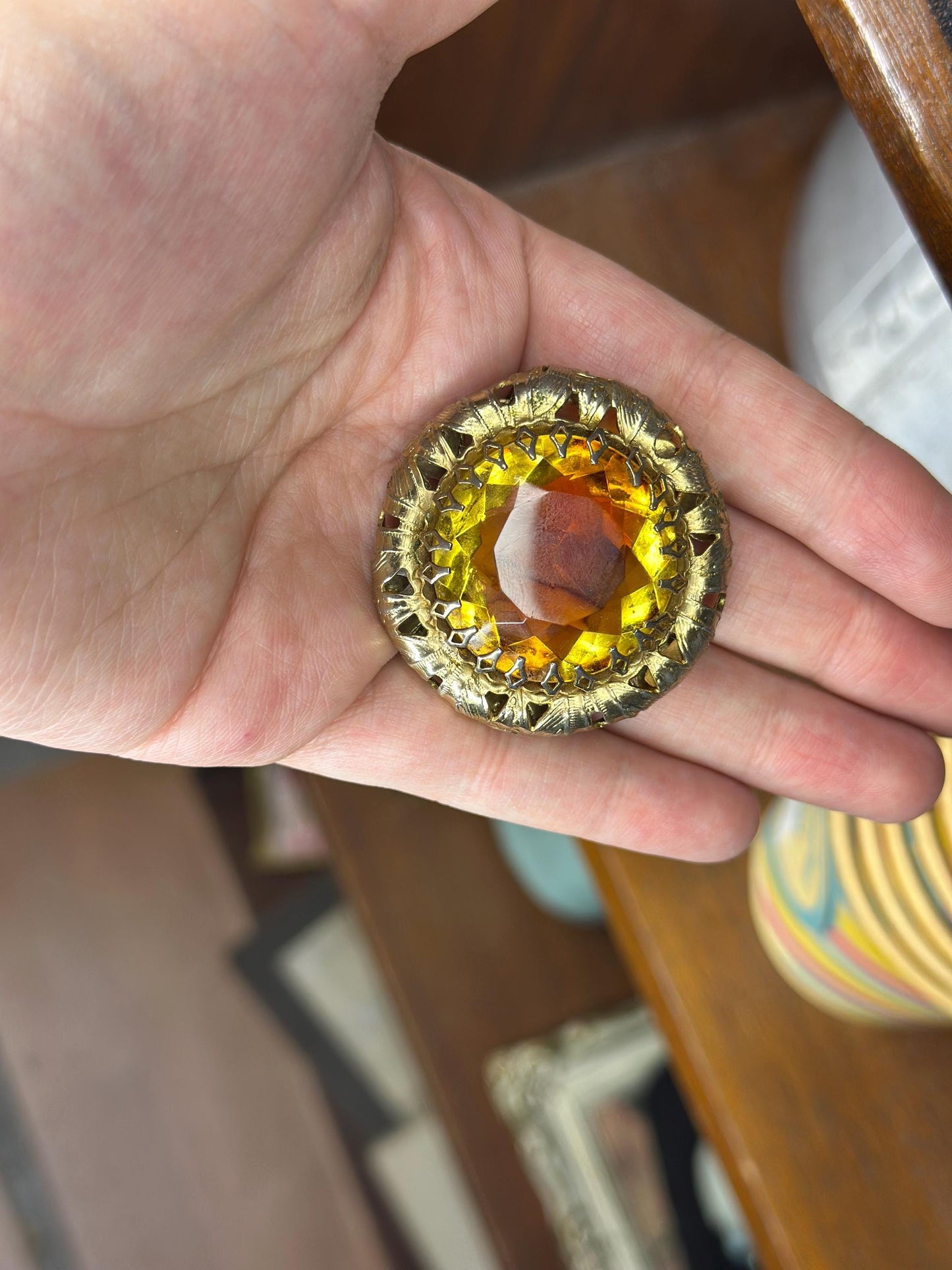 1950's Hollywood Regency Vintage Iridescent Gold Faceted Hollywood Regency Huge Brooch