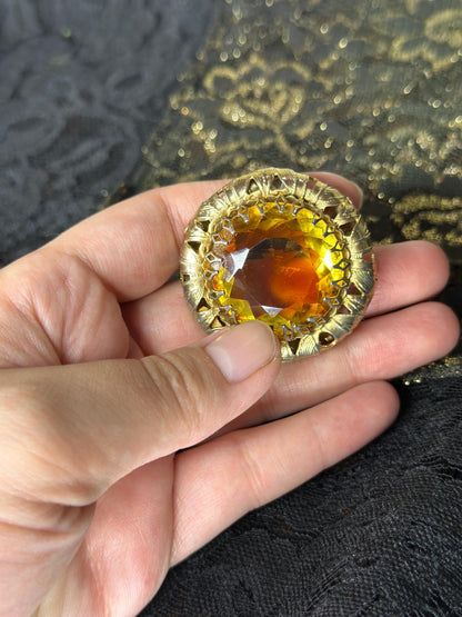 1950's Hollywood Regency Vintage Iridescent Gold Faceted Hollywood Regency Huge Brooch