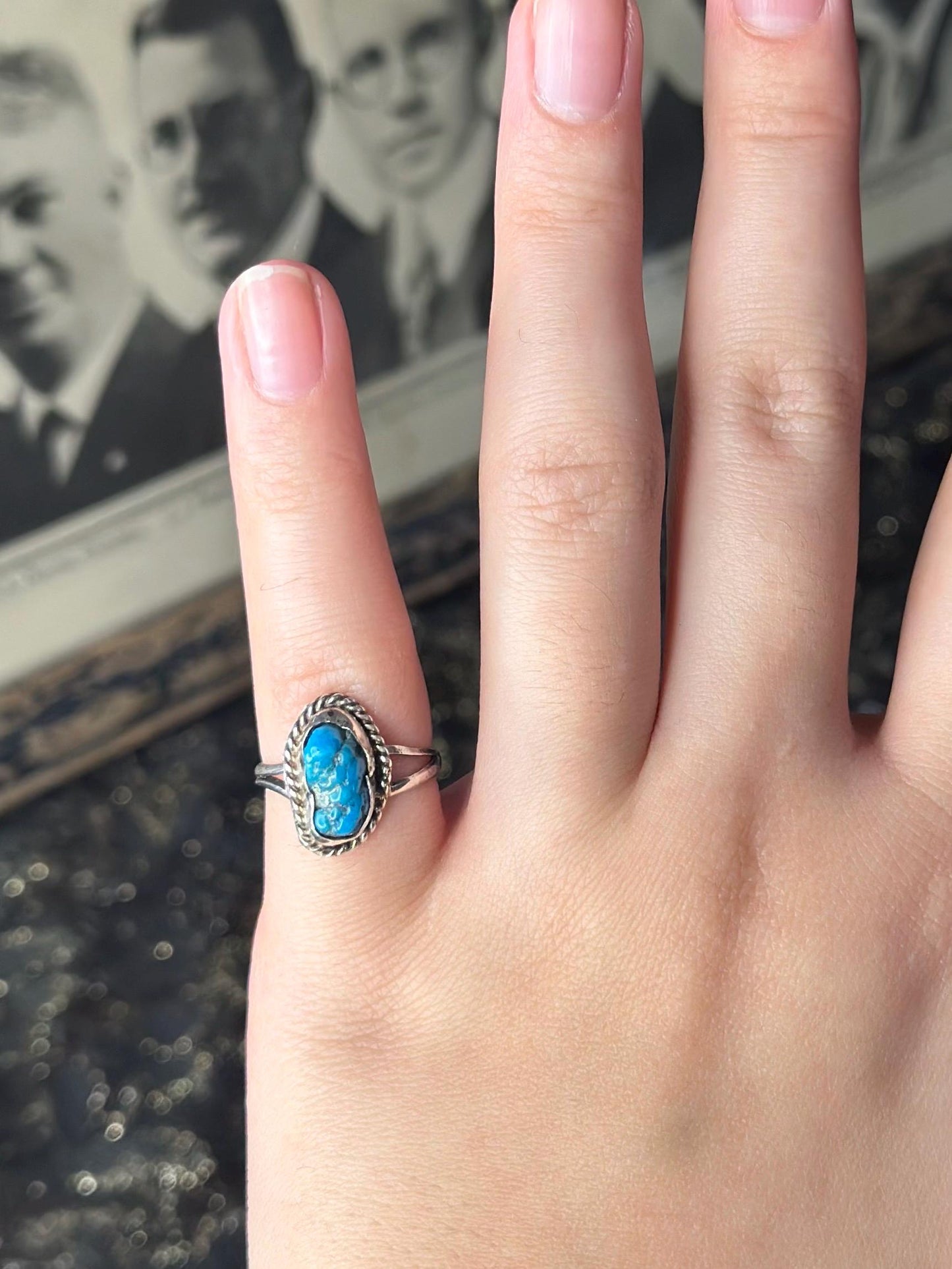 Vintage Raw Pretty Dainty Turquoise Sterling Silver Small Ring Womens Ring Small Size 4.5-5