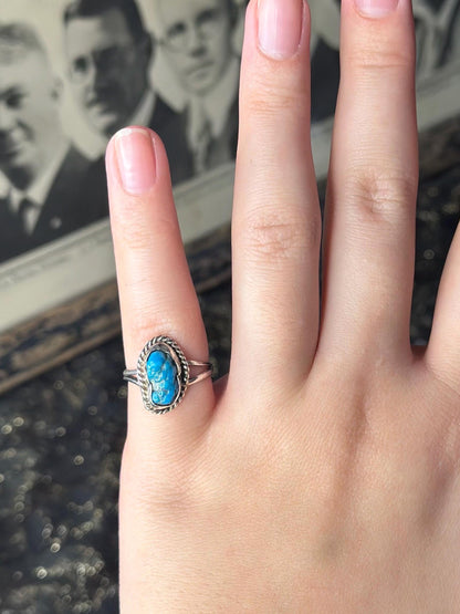 Vintage Raw Pretty Dainty Turquoise Sterling Silver Small Ring Womens Ring Small Size 4.5-5