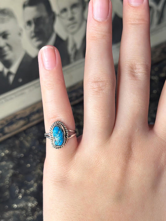 Vintage Raw Pretty Dainty Turquoise Sterling Silver Small Ring Womens Ring Small Size 4.5-5