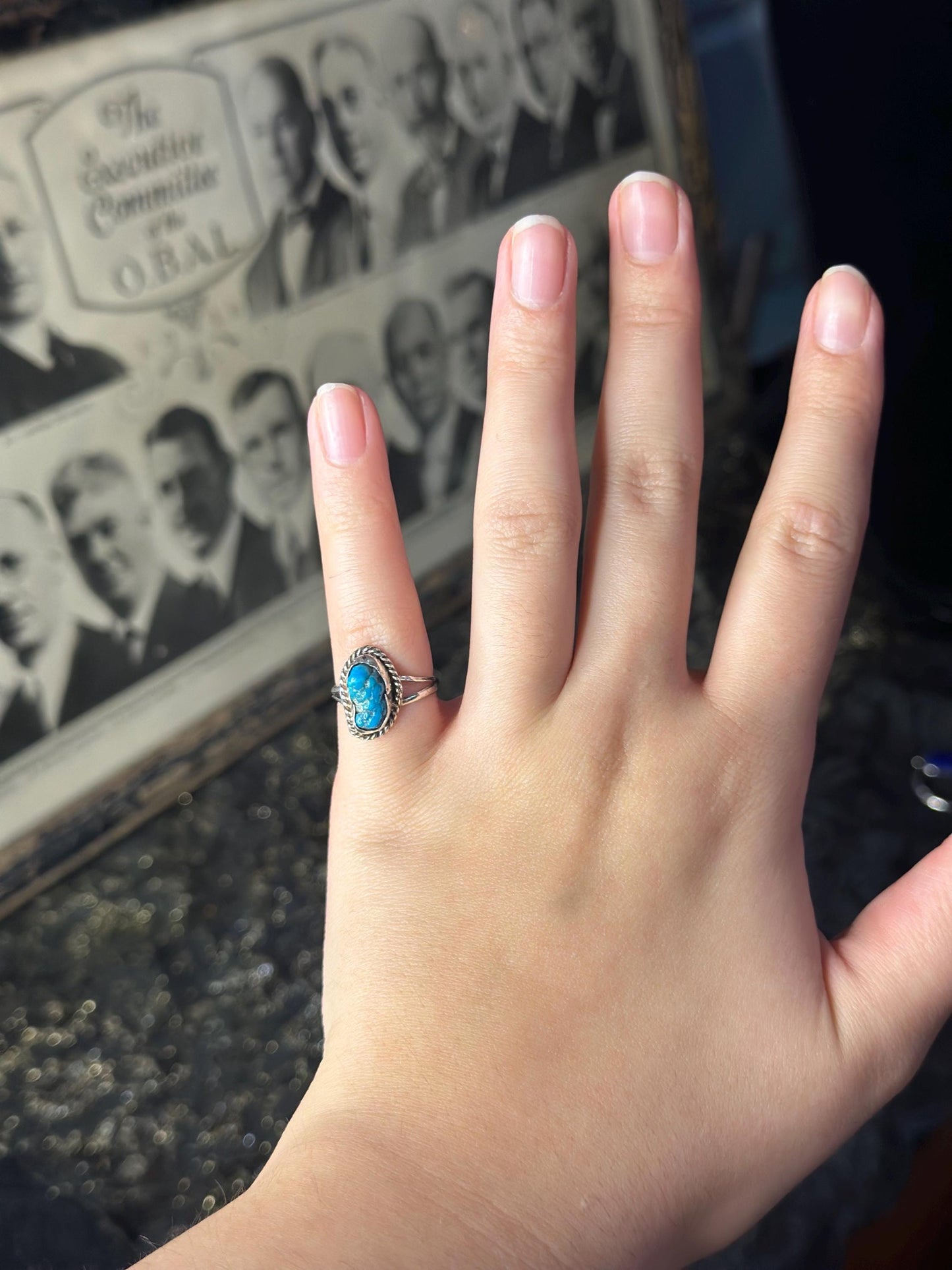 Vintage Raw Pretty Dainty Turquoise Sterling Silver Small Ring Womens Ring Small Size 4.5-5