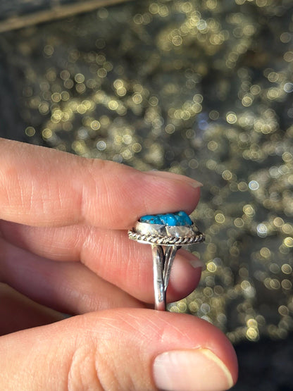 Vintage Raw Pretty Dainty Turquoise Sterling Silver Small Ring Womens Ring Small Size 4.5-5