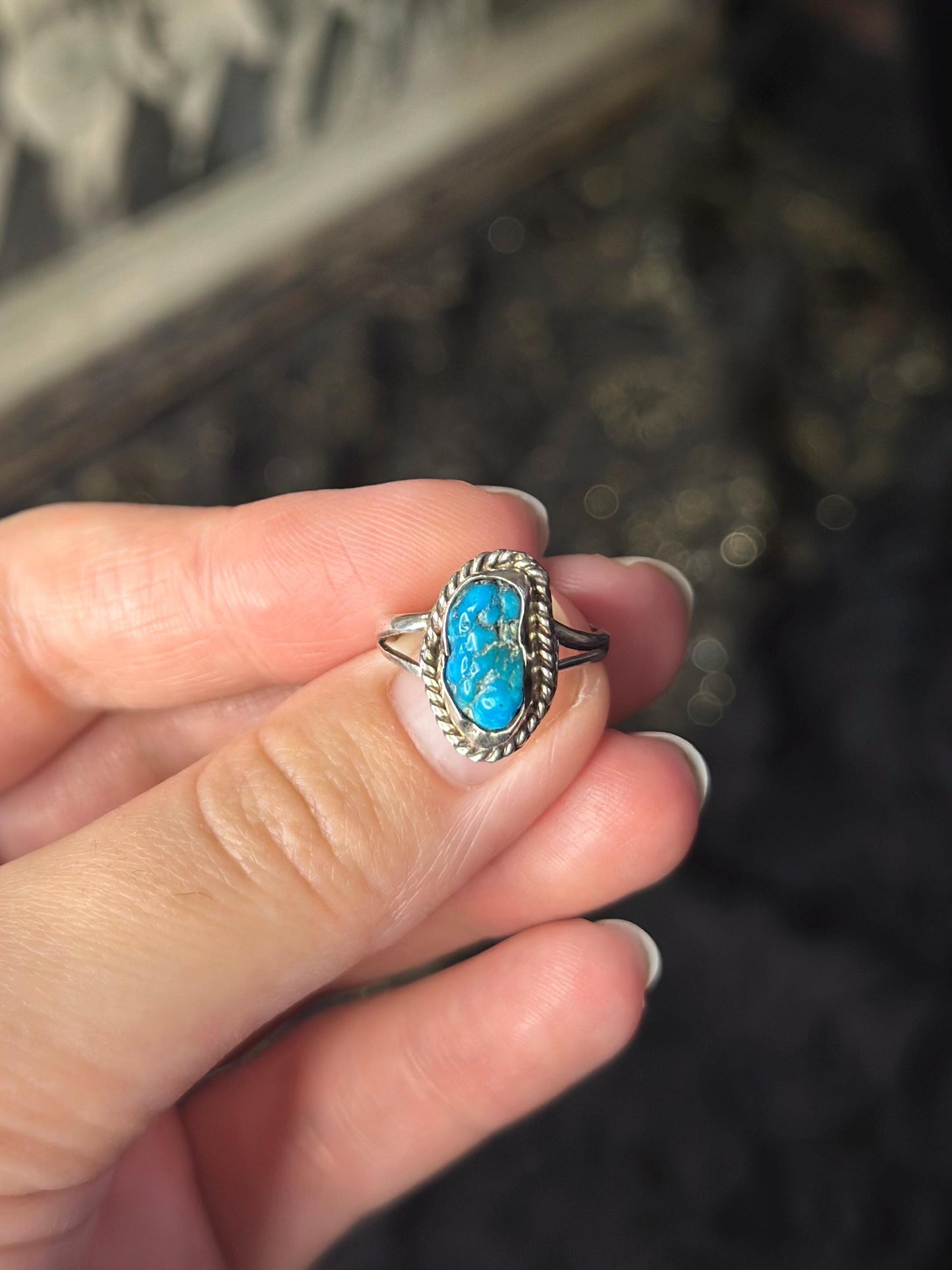 Vintage Raw Pretty Dainty Turquoise Sterling Silver Small Ring Womens Ring Small Size 4.5-5